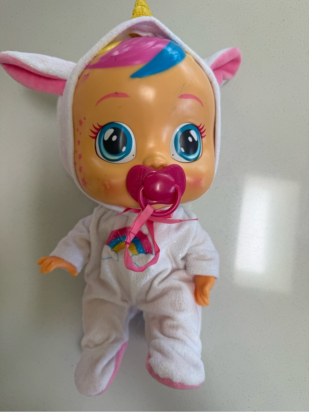 Cry Babies Interactive Crying Baby Doll Rainbow Pajamas Pink Blue Hair Pacifier